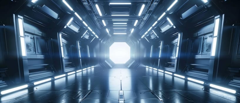 Sci Fi Tunnel on the Alien Spaceship. Glowing Metal Corridor with Cinematic Neon and Fluorescent Lights - shallow detail focus. 3D Rendering Futuristic Construction Space for Wallpaper and Background