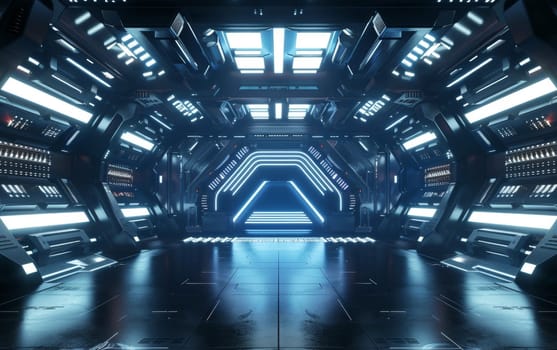 Sci Fi Tunnel on the Alien Spaceship. Glowing Metal Corridor with Cinematic Neon and Fluorescent Lights - shallow detail focus. 3D Rendering Futuristic Construction Space for Wallpaper and Background