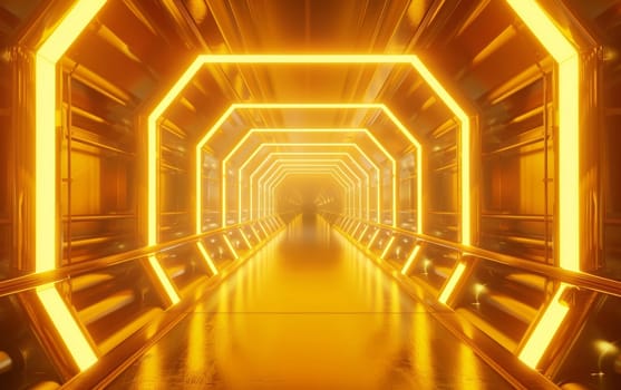 Sci Fi Tunnel on the Alien Spaceship. Glowing Metal Corridor with Cinematic Neon and Fluorescent Lights - shallow detail focus. 3D Rendering Futuristic Construction Space for Wallpaper and Background