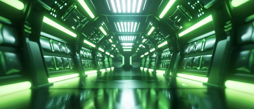 Sci Fi Tunnel on the Alien Spaceship. Glowing Metal Corridor with Cinematic Neon and Fluorescent Lights - shallow detail focus. 3D Rendering Futuristic Construction Space for Wallpaper and Background