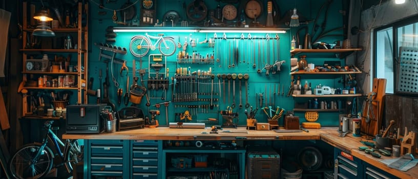A well-equipped workshop with a bright teal pegboard, various tools, and a bike, showcasing a creative and organized space