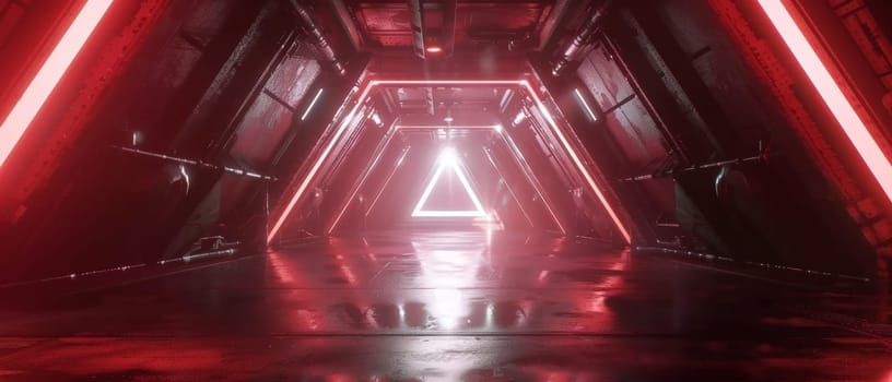 Sci Fi Tunnel on the Alien Spaceship. Glowing Metal Corridor with Cinematic Neon and Fluorescent Lights - shallow detail focus. 3D Rendering Futuristic Construction Space for Wallpaper and Background