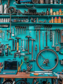 A meticulously organized mechanic's workshop, showcasing an extensive collection of tools, equipment, and spare parts arranged neatly on the vibrant teal walls and workbench