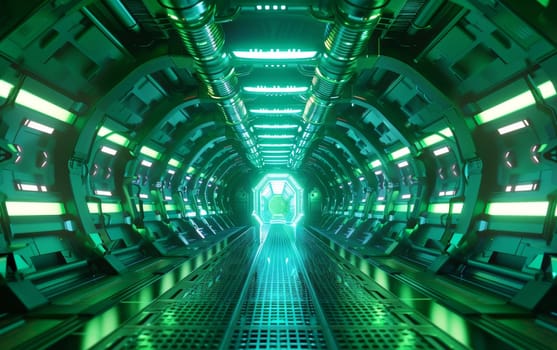 Sci Fi Tunnel on the Alien Spaceship. Glowing Metal Corridor with Cinematic Neon and Fluorescent Lights - shallow detail focus. 3D Rendering Futuristic Construction Space for Wallpaper and Background
