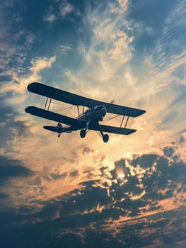 A vintage biplane glides in the sky, silhouetted against the radiant backdrop of a setting sun