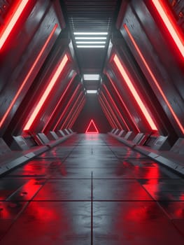 Sci Fi Tunnel on the Alien Spaceship. Glowing Metal Corridor with Cinematic Neon and Fluorescent Lights - shallow detail focus. 3D Rendering Futuristic Construction Space for Wallpaper and Background