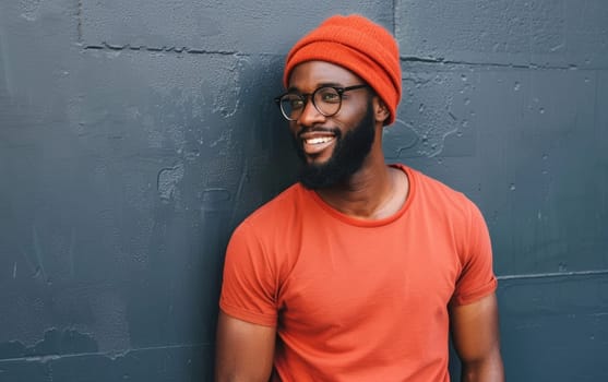 Cheerful Young Man in Orange Beanie and Shirt.