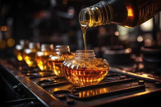 Golden liquid oil being poured into ornate glass bottles on an industrial filling line, highlighting the elegance of natural oils and artisanal production.