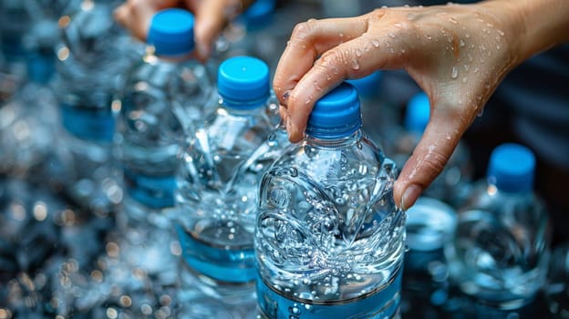 Hand taking drinking water from drinking water shelf .