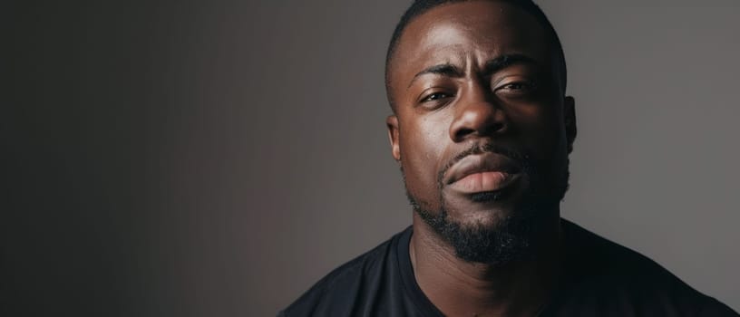 Serious Black Man with Beard in Dark Shirt.