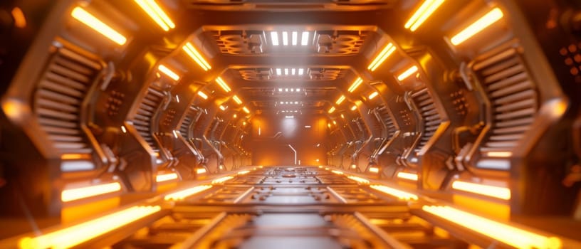 Sci Fi Tunnel on the Alien Spaceship. Glowing Metal Corridor with Cinematic Neon and Fluorescent Lights - shallow detail focus. 3D Rendering Futuristic Construction Space for Wallpaper and Background