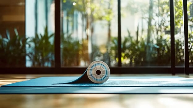 A blue yoga mat partially unrolled in a tranquil, sunlit room with large windows and greenery, evoking a serene fitness atmosphere.