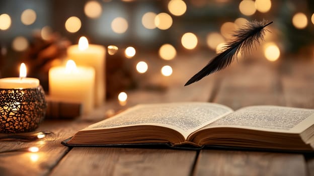 Close-up of an open book on a wooden table. A black pen floats in the air, as if it writes on its own. Small candles burn softly along the edges.