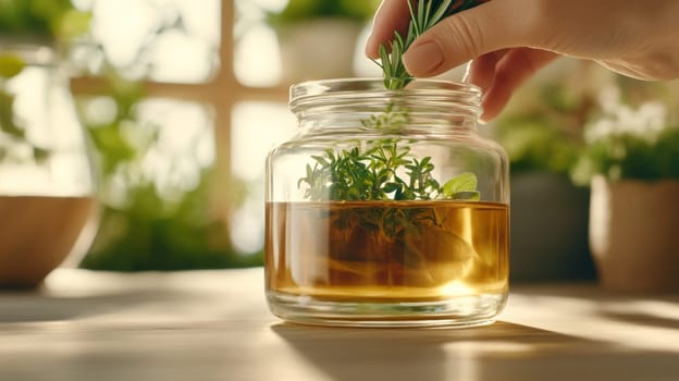 Closeup of hands carefully placing fresh herbs in a large jar filled with liquid.