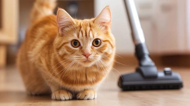 A ginger cat crouches on the floor, watching a nearby vacuum cleaner with curiosity.a moment of pet personality and home life.