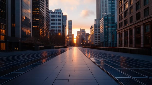 A cityscape view of tall buildings at sunset with reflections on a glossy floor, capturing the serene beauty of urban landscapes and architecture.