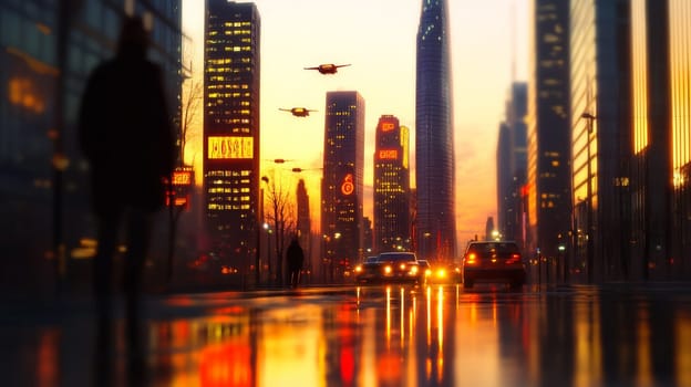 A surreal futuristic city at dusk, glowing neon signs reflecting off the wet streets, flying cars among tall skyscrapers