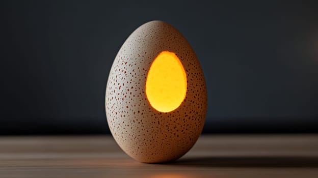 a candlestick or lamp in the shape of an egg glowing from the inside with a warm orange light.