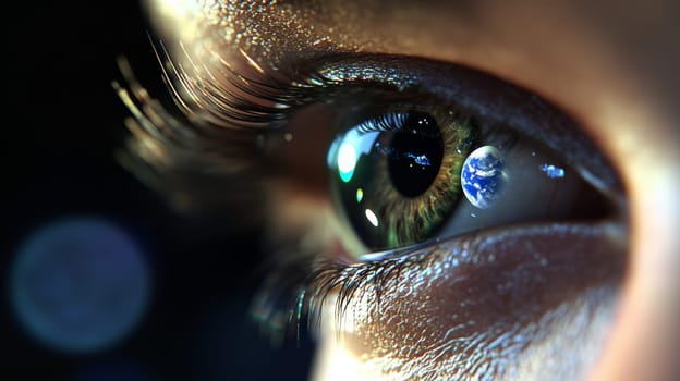 A close-up view of a human eye reflecting the image of Earth, symbolizing a global perspective and curiosity.
