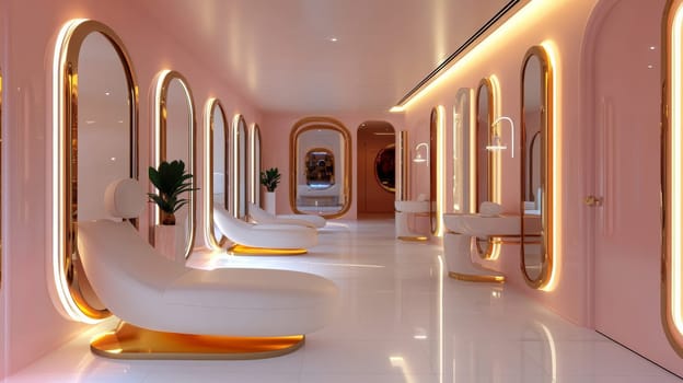 Cybernetic futuristic beauty salon SPA with a luxurious interior and expensive details and elements.A chic, modern lounge area with curved white chairs, pink walls, and elegant lighting accents