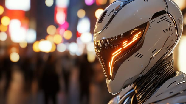 cybernetic celebration. A close-up of a futuristic helmet with LED lights in a busy, neon-lit cityscape, showcasing advanced technology and sci-fi aesthetics.