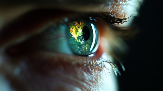 the eye looks at the planet, in the iris of which reflections of the Earth are visible.