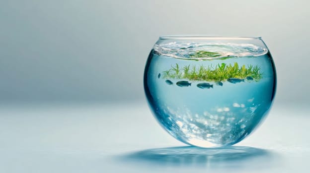 A glass bowl filled with water, containing a small ecosystem with floating plants, symbolizing self-sustained nature and tranquility in a minimalistic setting.
