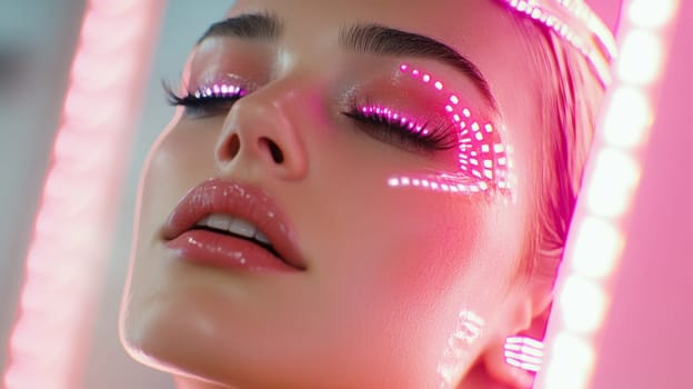 Young woman's face with shimmering makeup on her eyes. Cybernetic Futuristic Beauty Salon Spa