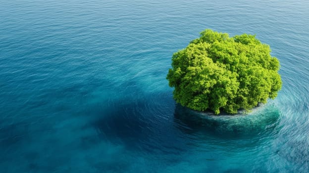 Lush Green Island Surrounded by Blue Ocean.Green trees and plants grow on the island, symbolizing the connection between land and water