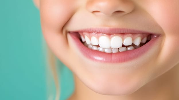 Close-up of smiling child Teeth and gums are healthy and well-groomed. Soft pastel green background color