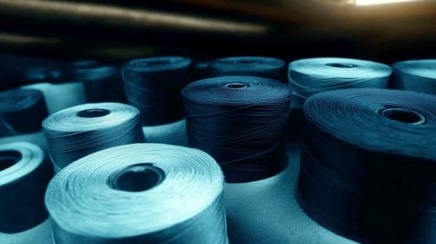 Blue rolls of industrial cotton thread in a weaving factory.