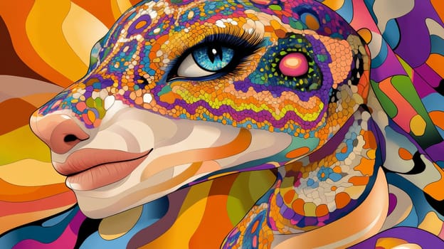 A surreal abstract portrait of a snake man with psychedelic patterns in orange, green and purple.
