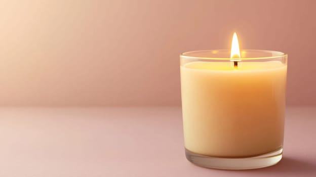A single lit candle in glass with a soft, flickering flame. on Background light lavender.copy space