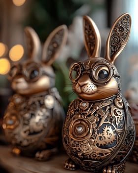 bunnies in vintage glasses with gears and mechanisms inside.steampunk easter
