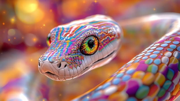 A surreal snake with large multi-colored eyes and psychedelic patterns in orange, green and purple.