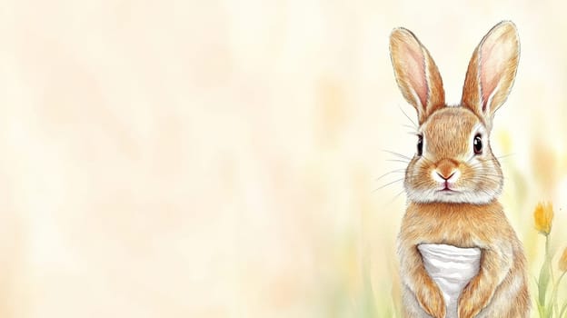 Watercolor drawing of a bunny in a tiny diaper. The animal is drawn in soft colors.copy space
