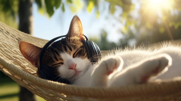 Relaxed cat relaxing in a hammock with headphones on and enjoying a sunny day in a cozy environment.