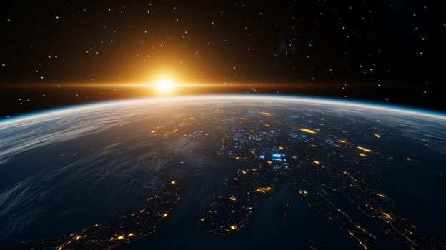 Space is filled with stars and distant galaxies, the Earth's atmosphere glows softly, creating an atmosphere of silent observation.