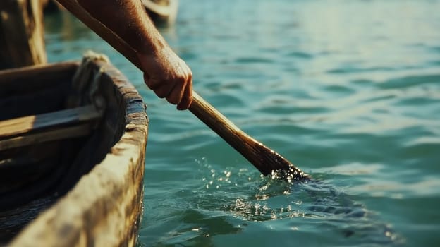 A hand grasping the oar pulls it forcefully through the water. The paddle blade is partially submerged in water, which ripples the water.