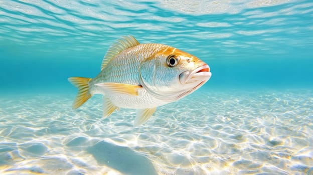 a large fish swimming under the surface of the water. Above the fish, soft waves are colored in pale blue and turquoise shades