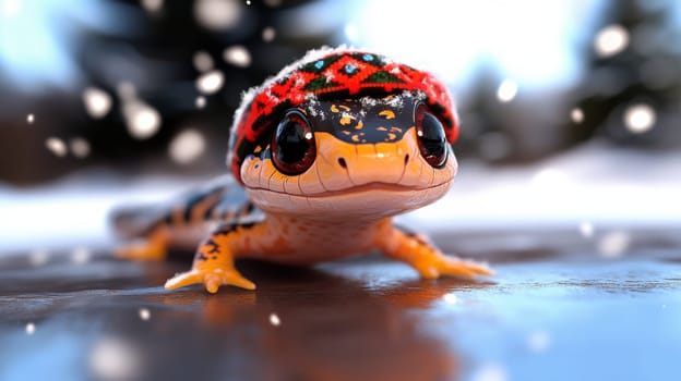 A playful lizard dressed in a cozy winter hat, on a frozen pond. snowflakes are falling softly in the background.