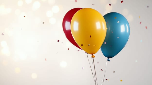 Three multi-colored balloons - red, blue and yellow - float at the top on threads. Small confetti is scattered in the air around them