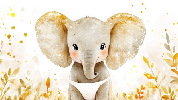 Watercolor drawing of a baby elephant in a tiny diaper. The animal is drawn in soft colors
