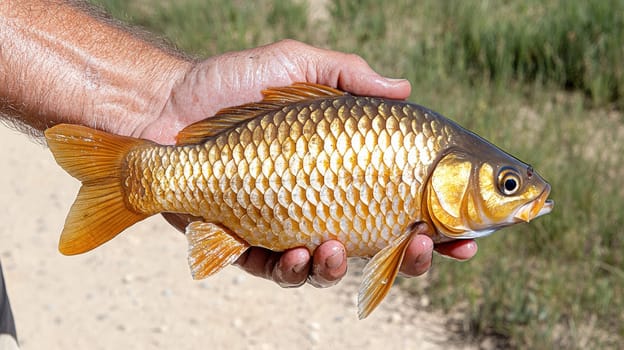A fisherman's hand holds a large freshly caught fish. The fish is shiny and detailed, drops of water are visible on its body.