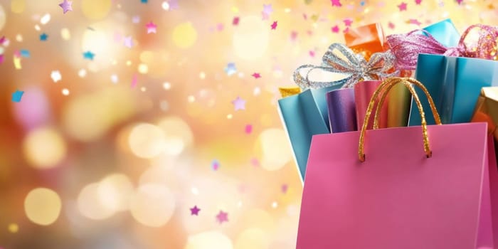 Bright banner of a large shopping bag filled with colorful goods, with confetti and stars in the background