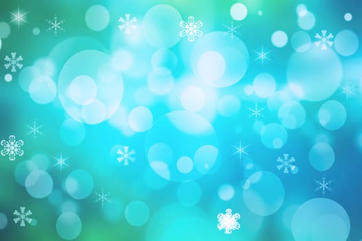 Abstract blurred festive delicate winter christmas or Happy New Year background with shiny blue green and white bokeh lighted circles stars. Space. Card concept.