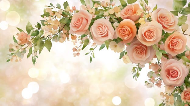 Cover for a wedding brochure in watercolor style with a whimsical wedding arch, and decorated with pale pink roses and greenery