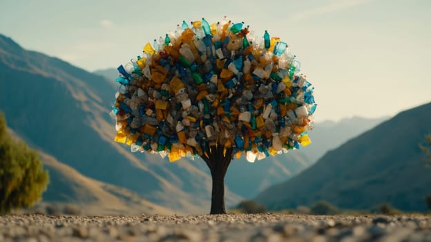 Image of a tree with leaves made from plastic bags and bottles.