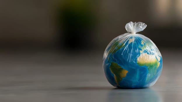 An image of a fragile Earth trapped inside a transparent plastic bag, suffocating under the weight of discarded plastic bottles and wrappers. The plastic bag is tightly sealed, symbolizing the irresistible power of pollution.