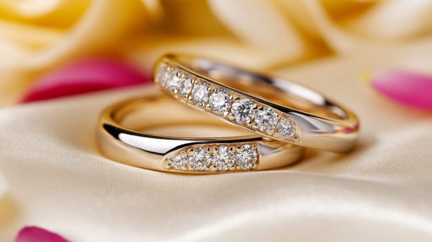 Elegant set of wedding rings on soft satin fabric.